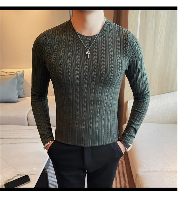 Spring Autumn Men's O-Neck Casual T-Shirts Fashion Slim Fit Long Sleeve Solid Color Tees Tops Men Elastic Stripe Pullover Tshirt