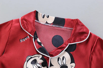 Disney Mickey Mouse Children Pajamas Suit Silk Satin Long Sleeve Top+Trousers 2Pcs Baby Boys Girls Cartoon Satin Set Nightgown