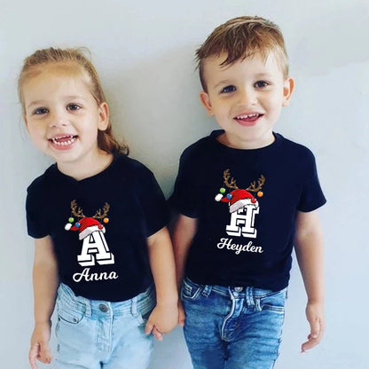 Christmas Family Matching Shirts Custom Initial with Name Mom Dad Kids Tshirt Baby Outfits Holiday Girl Boy Clothes
