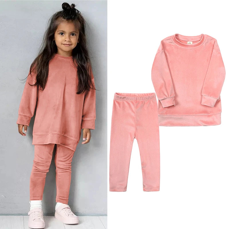 2024 Spring Kids Girl Velvet Suit Long Sleeve Pants Solid Clothes For Infant lover Sweatshirt Set Teenage Outfits