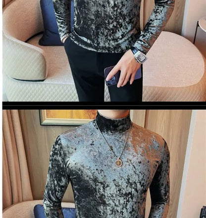 Korean Fashion Men Velvet T-Shirts Spring Autumn Mock Neck Solid Trend Versatile Long Sleeve Loose Pullovers Bottoming Shirt Top