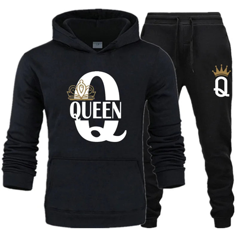 Winter Men's and Women's Sweater Set KING QUEEN Loose Relaxed Hooded Print Couple Set