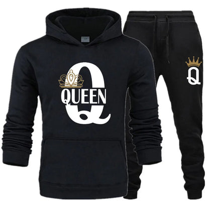 Winter Men's and Women's Sweater Set KING QUEEN Loose Relaxed Hooded Print Couple Set