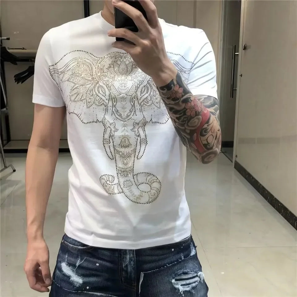 S-6XL Streetwear Men Diamonds Summer Mens Rhinestones   anime Graphic  T Shirt Male  Fashion  cotton Tees Casual   Tops