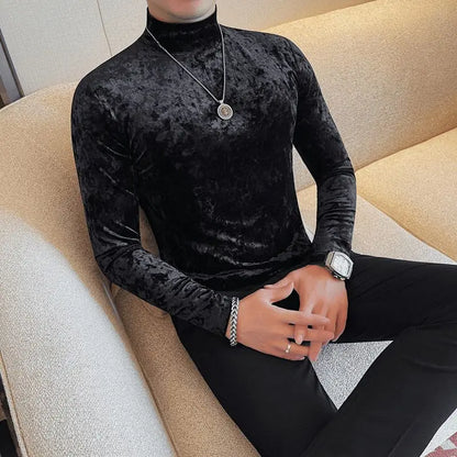 Korean Fashion Men Velvet T-Shirts Spring Autumn Mock Neck Solid Trend Versatile Long Sleeve Loose Pullovers Bottoming Shirt Top