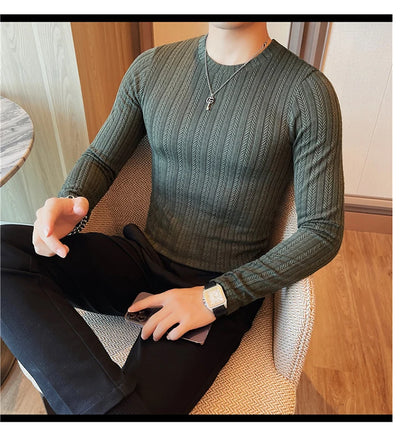 Spring Autumn Men's O-Neck Casual T-Shirts Fashion Slim Fit Long Sleeve Solid Color Tees Tops Men Elastic Stripe Pullover Tshirt