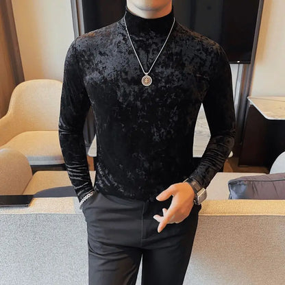 Korean Fashion Men Velvet T-Shirts Spring Autumn Mock Neck Solid Trend Versatile Long Sleeve Loose Pullovers Bottoming Shirt Top