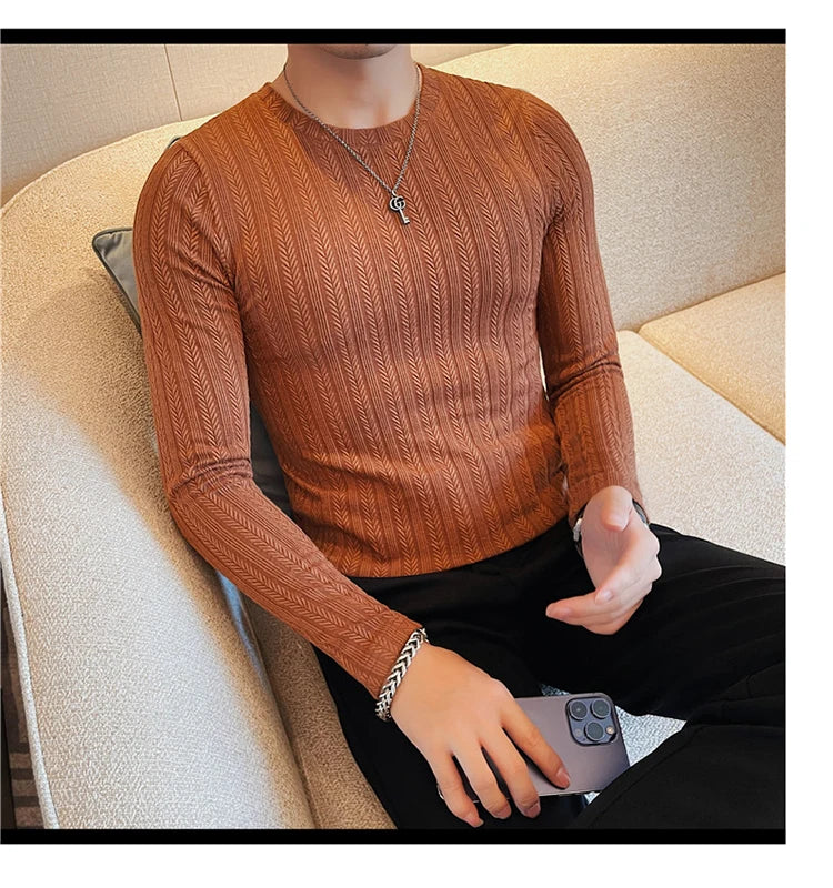 Spring Autumn Men's O-Neck Casual T-Shirts Fashion Slim Fit Long Sleeve Solid Color Tees Tops Men Elastic Stripe Pullover Tshirt