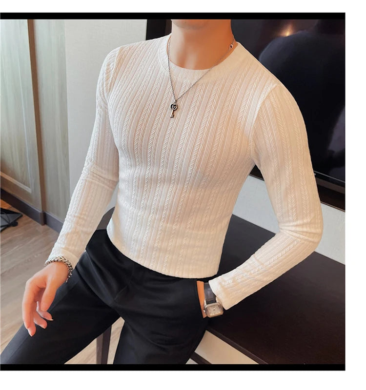 Spring Autumn Men's O-Neck Casual T-Shirts Fashion Slim Fit Long Sleeve Solid Color Tees Tops Men Elastic Stripe Pullover Tshirt