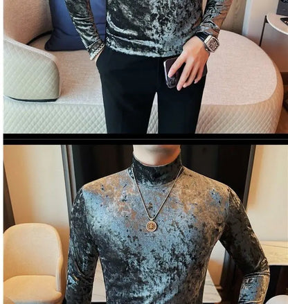 Korean Fashion Men Velvet T-Shirts Spring Autumn Mock Neck Solid Trend Versatile Long Sleeve Loose Pullovers Bottoming Shirt Top