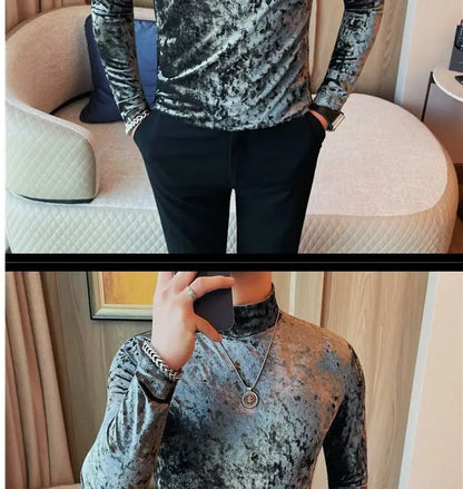 Korean Fashion Men Velvet T-Shirts Spring Autumn Mock Neck Solid Trend Versatile Long Sleeve Loose Pullovers Bottoming Shirt Top