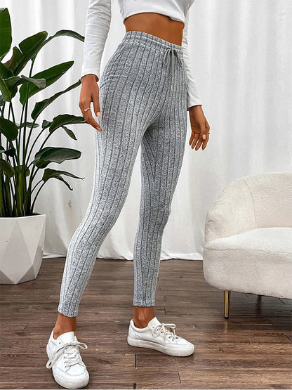 Autumn Warm Drawstring Striped Solid Color Women Leggings Elastic Slim Sports Legging Fashion Daily Woman Comfortable Clothes