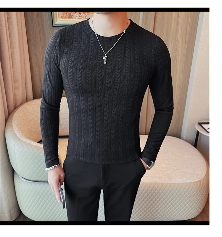 Spring Autumn Men's O-Neck Casual T-Shirts Fashion Slim Fit Long Sleeve Solid Color Tees Tops Men Elastic Stripe Pullover Tshirt