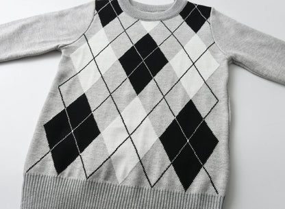 boy warm sweater plaid lattice long -sleeved sweater college style baby boy knit sweater