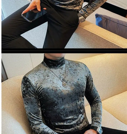 Korean Fashion Men Velvet T-Shirts Spring Autumn Mock Neck Solid Trend Versatile Long Sleeve Loose Pullovers Bottoming Shirt Top