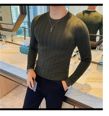 Spring Autumn Men's O-Neck Casual T-Shirts Fashion Slim Fit Long Sleeve Solid Color Tees Tops Men Elastic Stripe Pullover Tshirt