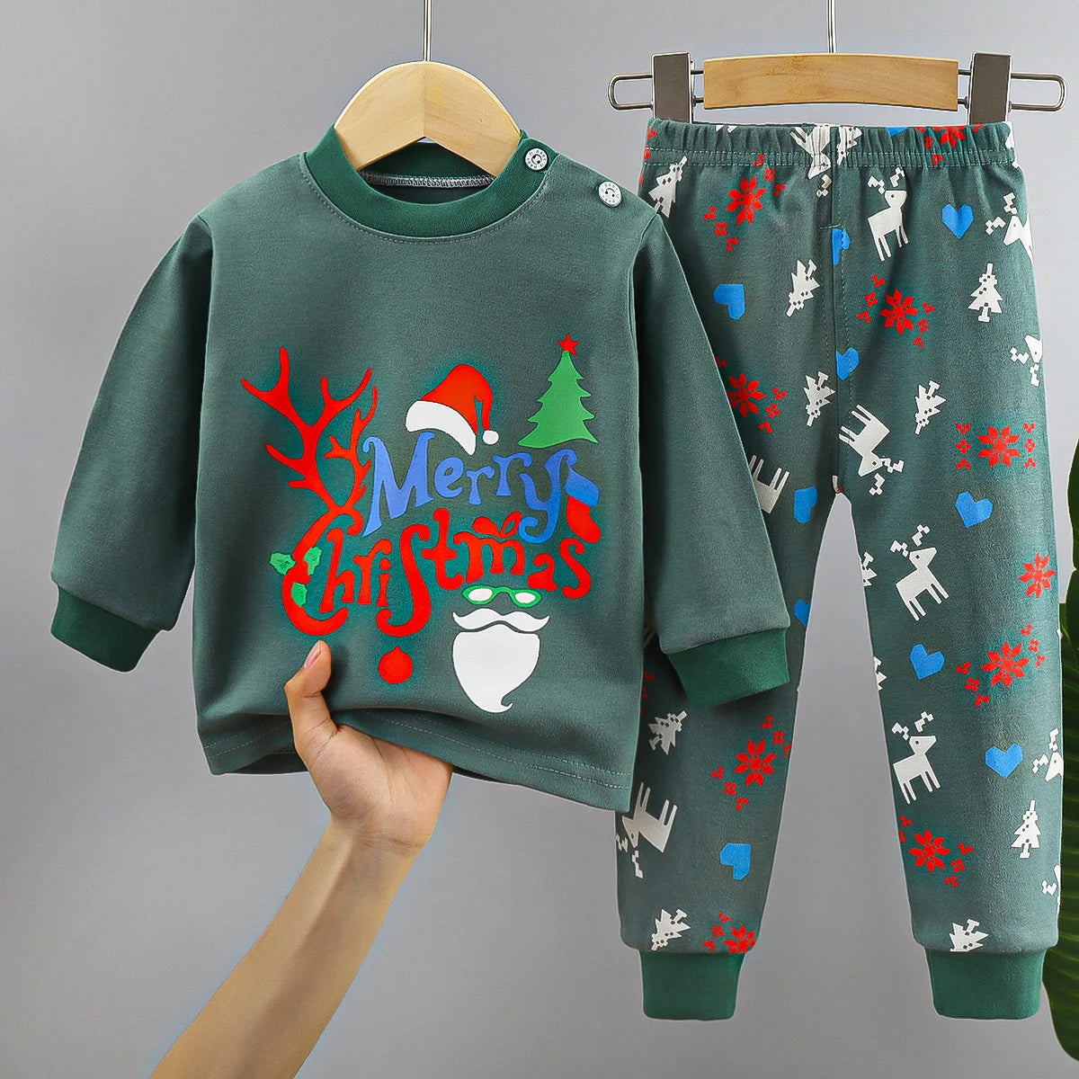 Christmas Kids Sets Cotton  Long Sleeve  Winter Tops Pants Suits Santa Claus Christmas