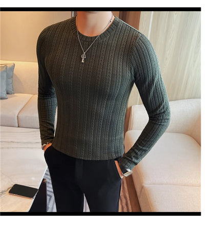 Spring Autumn Men's O-Neck Casual T-Shirts Fashion Slim Fit Long Sleeve Solid Color Tees Tops Men Elastic Stripe Pullover Tshirt