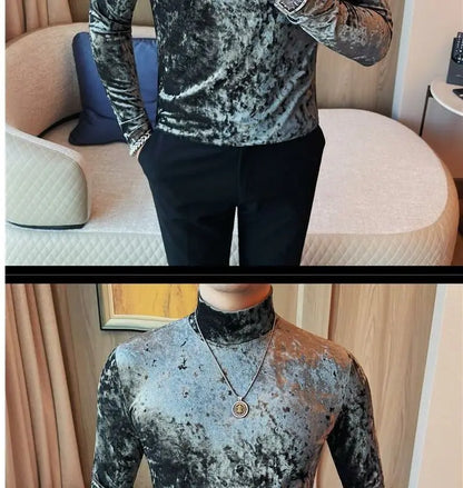 Korean Fashion Men Velvet T-Shirts Spring Autumn Mock Neck Solid Trend Versatile Long Sleeve Loose Pullovers Bottoming Shirt Top