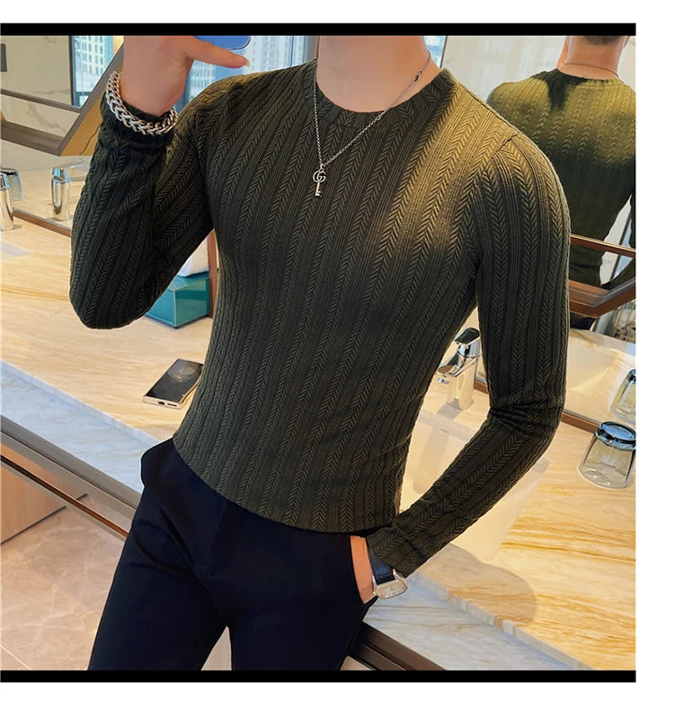 Spring Autumn Men's O-Neck Casual T-Shirts Fashion Slim Fit Long Sleeve Solid Color Tees Tops Men Elastic Stripe Pullover Tshirt