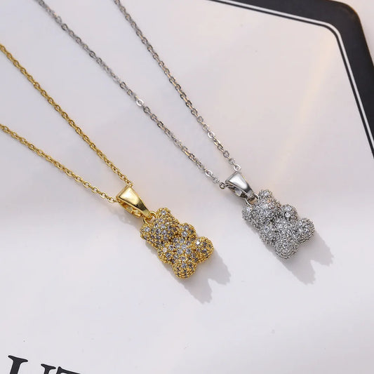 Stainless Steel Jewelry Chain Classic Shiny Zircon Bear Pendant Necklace for Women Lady Vintage Jewelry Accessories Gifts