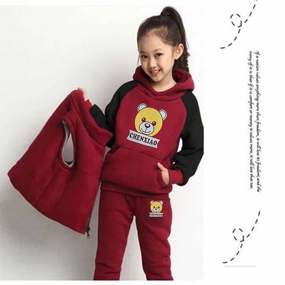 Warm Set Children's Hooded Cartoon Solid Colour 3 Pcs Girls Sweatshirt Cute Casual Suit 4-12Y