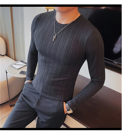 Spring Autumn Men's O-Neck Casual T-Shirts Fashion Slim Fit Long Sleeve Solid Color Tees Tops Men Elastic Stripe Pullover Tshirt