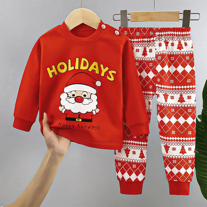 Christmas Kids Sets Cotton  Long Sleeve  Winter Tops Pants Suits Santa Claus Christmas