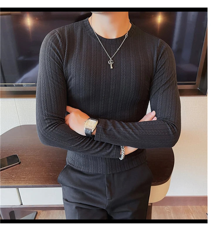 Spring Autumn Men's O-Neck Casual T-Shirts Fashion Slim Fit Long Sleeve Solid Color Tees Tops Men Elastic Stripe Pullover Tshirt