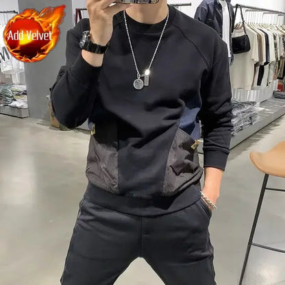 T Shirt for Man Tight Top Spliced Black Sweatshirts New Rock Slim Fit Size Winter High Brand Full Sleeve