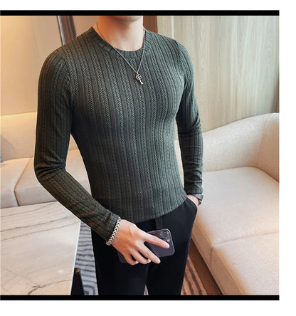 Spring Autumn Men's O-Neck Casual T-Shirts Fashion Slim Fit Long Sleeve Solid Color Tees Tops Men Elastic Stripe Pullover Tshirt