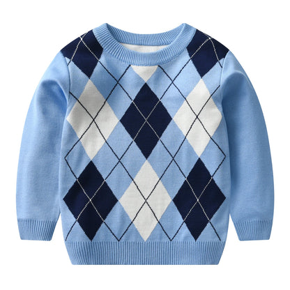 boy warm sweater plaid lattice long -sleeved sweater college style baby boy knit sweater