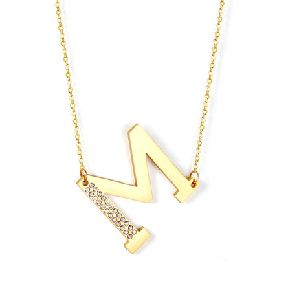 LUXUSSTEL CZ Letter M Pendant Necklace Trendy Style Gold Color High Quality Stainless Steel 26 Initial Collars  Chains