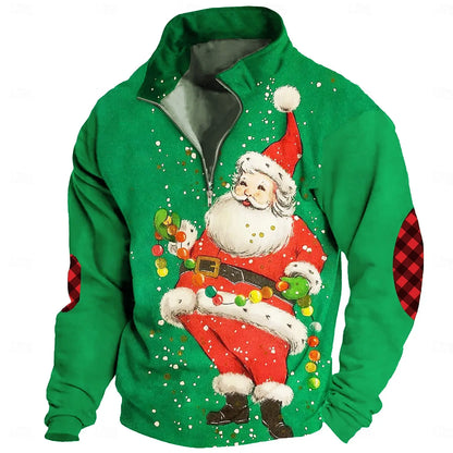 2024 New Santa Claus 3D Printed Mens Half Zipper Long Sleeve Sweatshirt Autumn Christmas Clothing FashionStandup Collar LooseTop