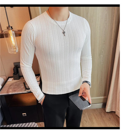 Spring Autumn Men's O-Neck Casual T-Shirts Fashion Slim Fit Long Sleeve Solid Color Tees Tops Men Elastic Stripe Pullover Tshirt