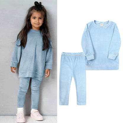 2024 Spring Kids Girl Velvet Suit Long Sleeve Pants Solid Clothes For Infant lover Sweatshirt Set Teenage Outfits