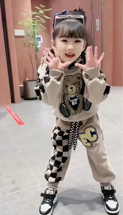 Girls Clothing Set Cartoon  Bear Pattern Hoodies Sweatshirt+ Pants 2Pcs Outfit Suit For 2-8 Years Kids