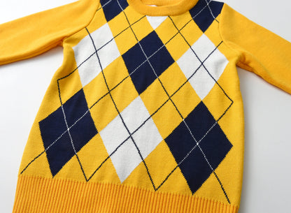 boy warm sweater plaid lattice long -sleeved sweater college style baby boy knit sweater