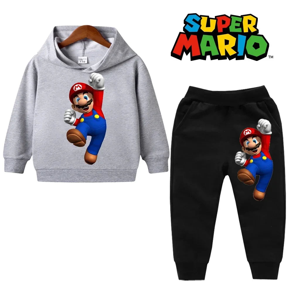 uper Mario Bros Boy Girl Hoodie Suit Spring Autumn Kids Hooded Sportswear Setspants Boys Pokemon Clothes 2-14 Years Children's