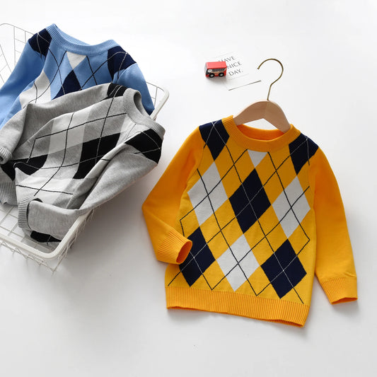 boy warm sweater plaid lattice long -sleeved sweater college style baby boy knit sweater