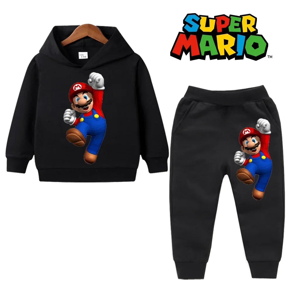 uper Mario Bros Boy Girl Hoodie Suit Spring Autumn Kids Hooded Sportswear Setspants Boys Pokemon Clothes 2-14 Years Children's