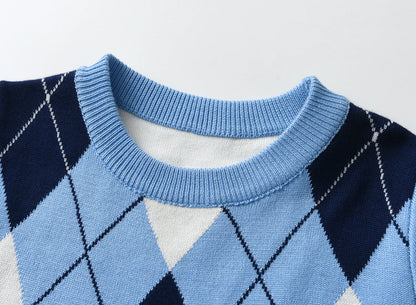 boy warm sweater plaid lattice long -sleeved sweater college style baby boy knit sweater