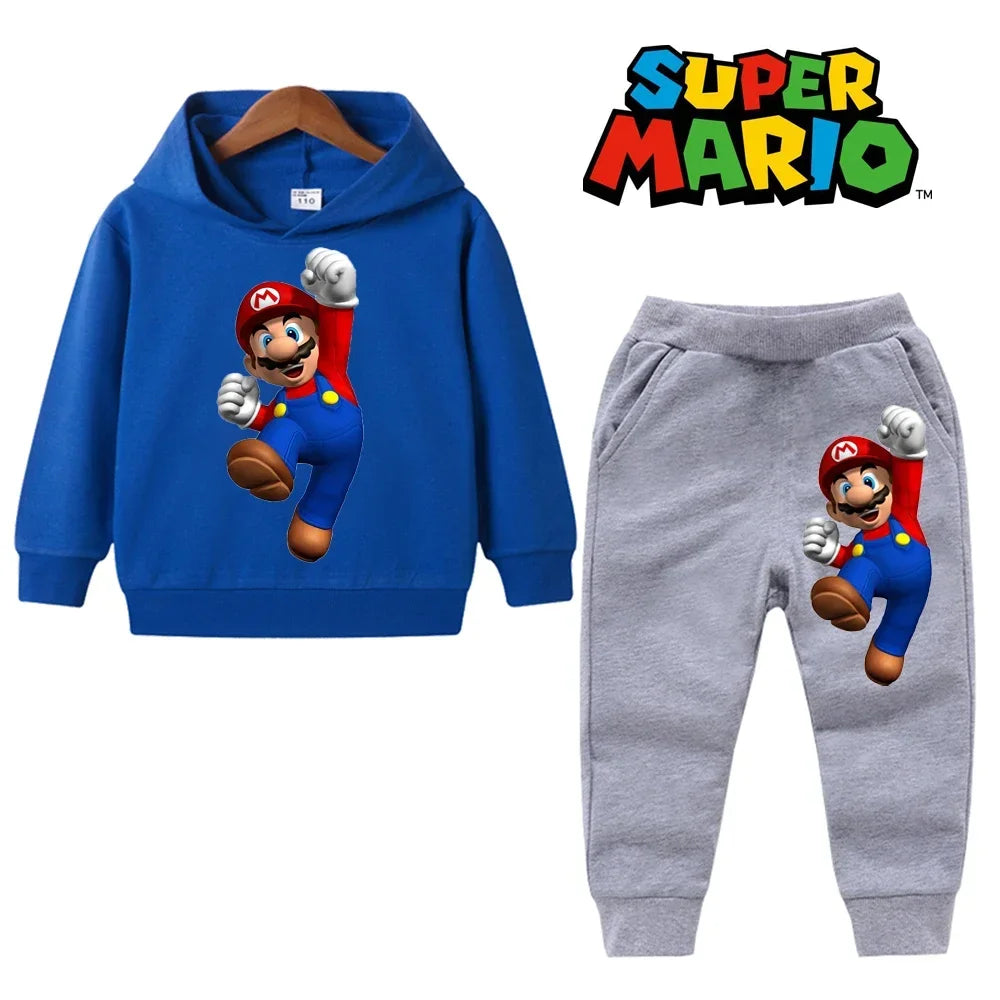 uper Mario Bros Boy Girl Hoodie Suit Spring Autumn Kids Hooded Sportswear Setspants Boys Pokemon Clothes 2-14 Years Children's