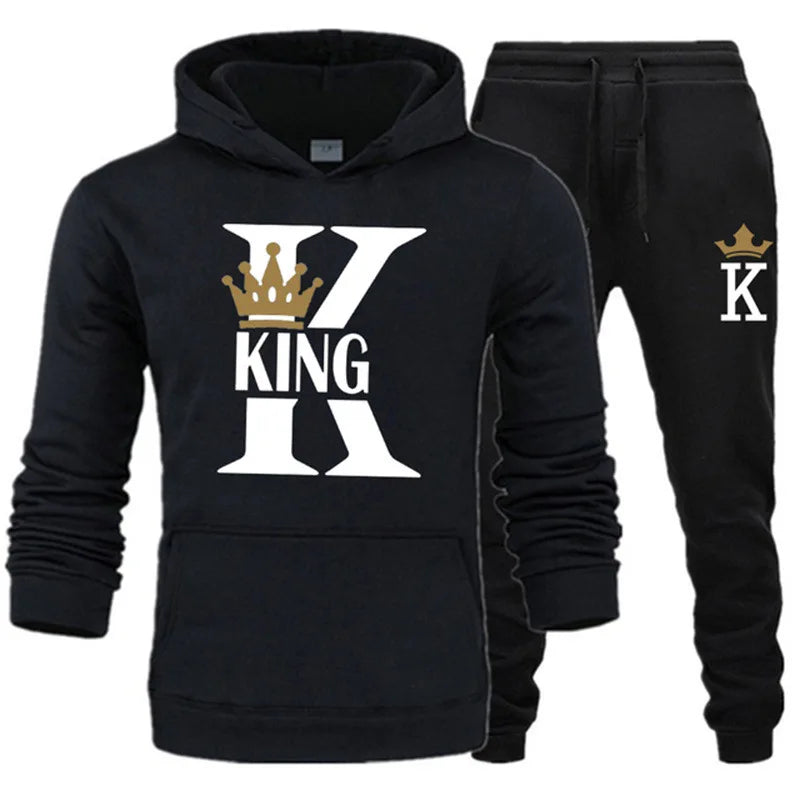 Winter Men's and Women's Sweater Set KING QUEEN Loose Relaxed Hooded Print Couple Set