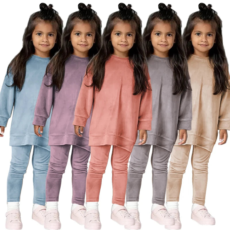 2024 Spring Kids Girl Velvet Suit Long Sleeve Pants Solid Clothes For Infant lover Sweatshirt Set Teenage Outfits