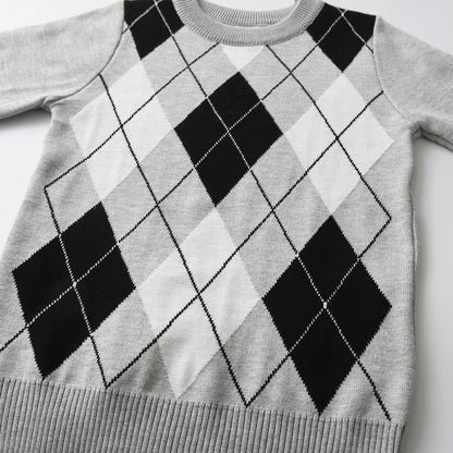 boy warm sweater plaid lattice long -sleeved sweater college style baby boy knit sweater