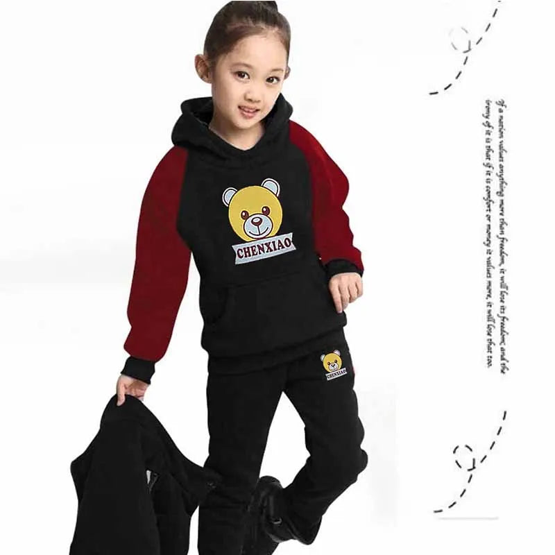 Warm Set Children's Hooded Cartoon Solid Colour 3 Pcs Girls Sweatshirt Cute Casual Suit 4-12Y