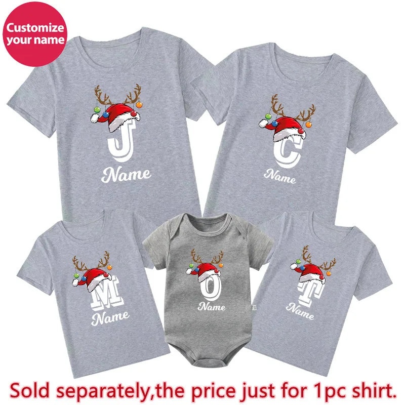 Christmas Family Matching Shirts Custom Initial with Name Mom Dad Kids Tshirt Baby Outfits Holiday Girl Boy Clothes