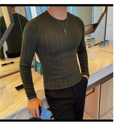 Spring Autumn Men's O-Neck Casual T-Shirts Fashion Slim Fit Long Sleeve Solid Color Tees Tops Men Elastic Stripe Pullover Tshirt