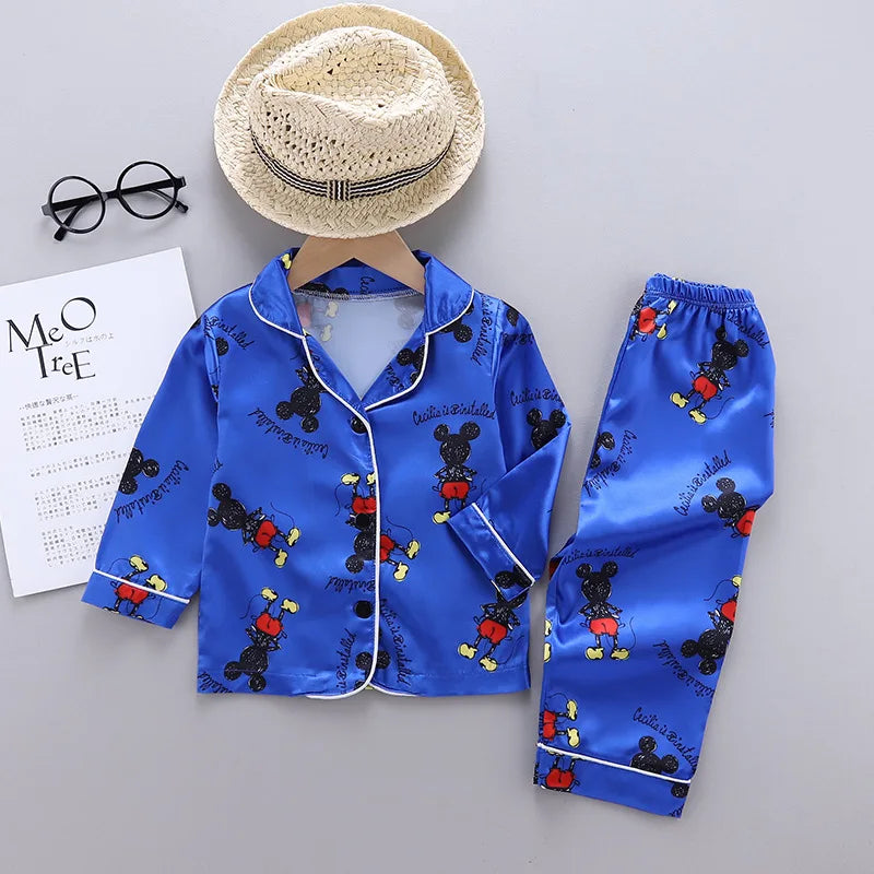 Disney Mickey Mouse Children Pajamas Suit Silk Satin Long Sleeve Top+Trousers 2Pcs Baby Boys Girls Cartoon Satin Set Nightgown